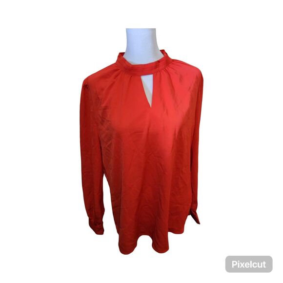 NWT Size Large Allegra K Red Stand Collar Pleated Button Keyhole Blouse - Picture 3 of 12
